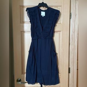 Odille Anthropologie Dress Navy sz 8 Button Front Ruffle Pockets